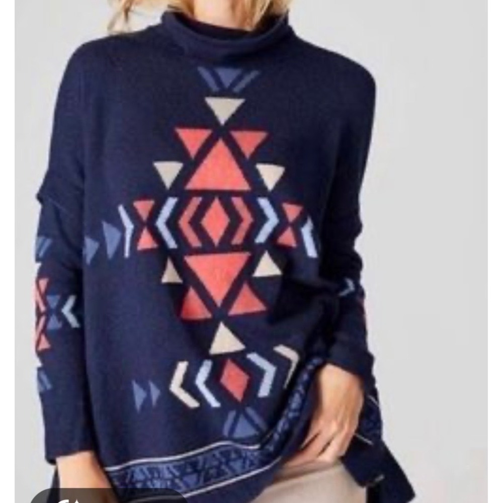 J. Jill Navy Blue Aztec Geometric Funnel Neck Poncho Sweater Large Cotton Blend